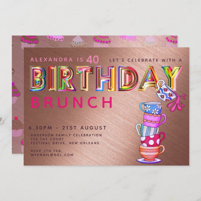 Invitación CUALQUIER EDAD QUE SE INVITA AL Rosa DE Oro BRUNCH (Anverso / Reverso)