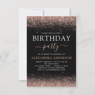 Invitación Cualquier edad Rosa de cumpleaños Purpurina de esp