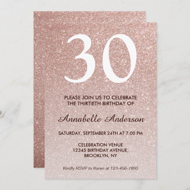 Invitación Cualquier Edad Rosa Rosa Dorada Purpurina Sparkle  (Anverso / Reverso)