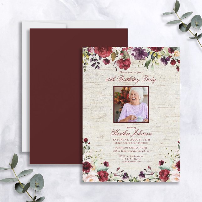 Invitación Cualquier edad Rústica Burgundy Floral Photo Birda (Subido por el creador)