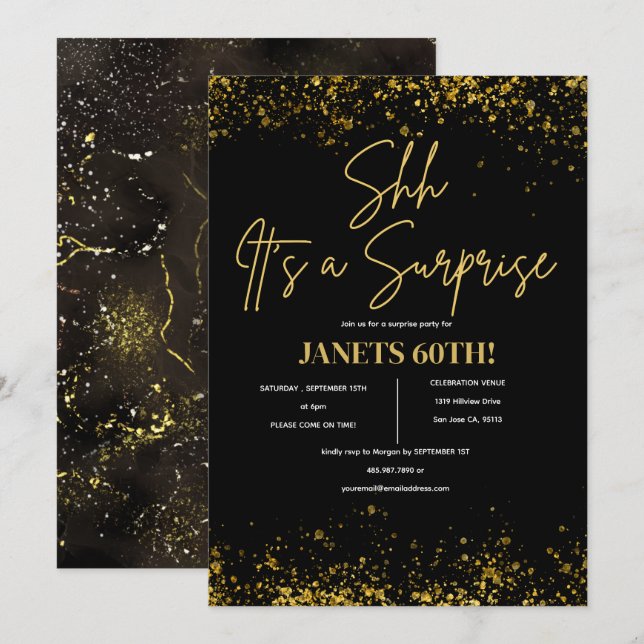 Invitación Cualquier Edad Sorpresa Cumpleaños Black Gold Scri (Anverso / Reverso)