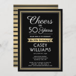 Invitación CUALQUIER Fiesta de cumpleaños con saludos negros,<br><div class="desc">Invitar a la familia y amigos a una elegante celebración de cumpleaños con invitaciones personalizados en blanco, negro y oro. Toda la redacción de esta plantilla (incluyendo "Saludos a 50 años") está configurada para un cumpleaños número 50, pero es fácil de personalizar para cualquier año o tipo de evento. El...</div>