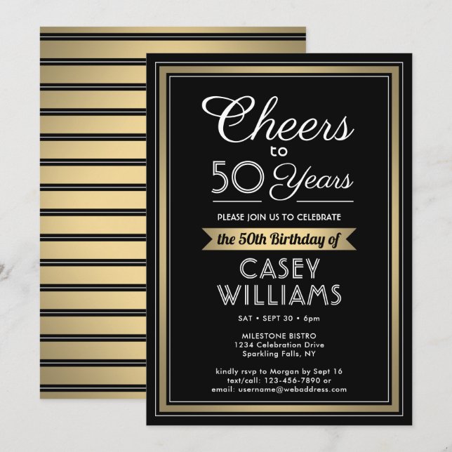Invitación CUALQUIER Fiesta de cumpleaños con saludos negros, (Anverso / Reverso)