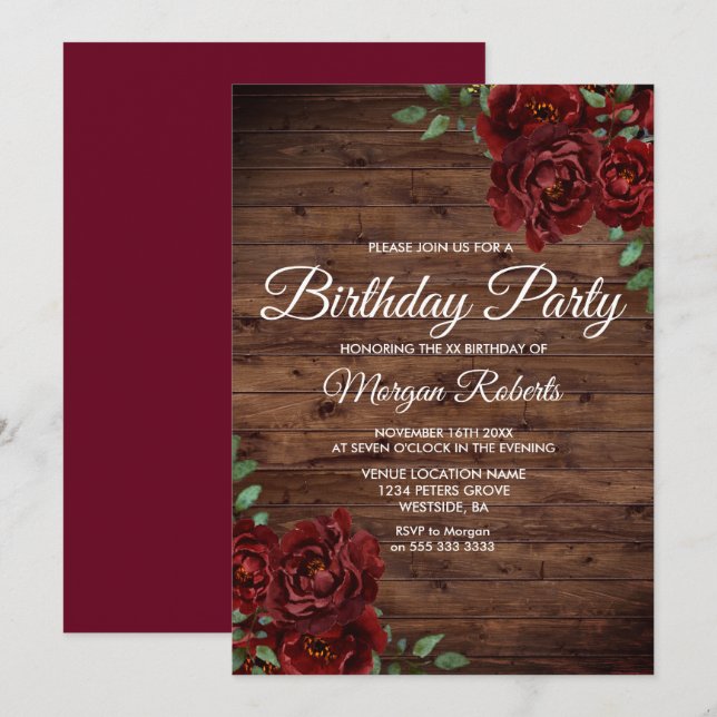 Invitación Cualquier fiesta de cumpleaños Rústica de la Rosa  (Anverso / Reverso)