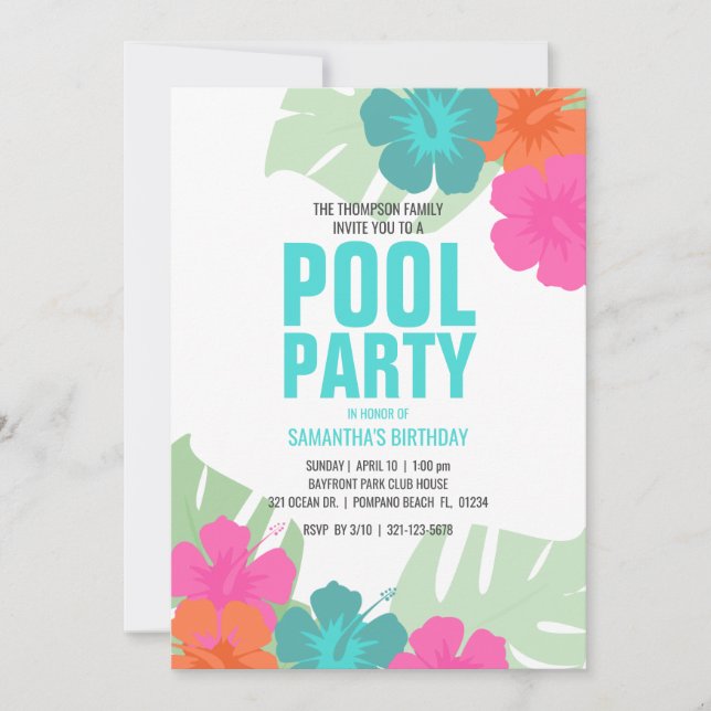Invitación CUALQUIER FIESTA DE LA PISCINA tropical DE EDAD fi (Anverso)
