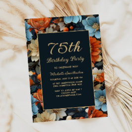 Invitación Cualquier Naranja azul de la Edad Flores 75 cumple