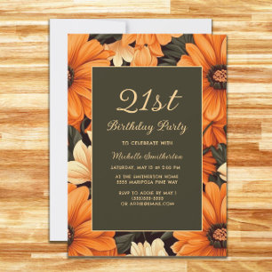 Invitación Cualquier Naranja de edad flores marrón cumpleaños