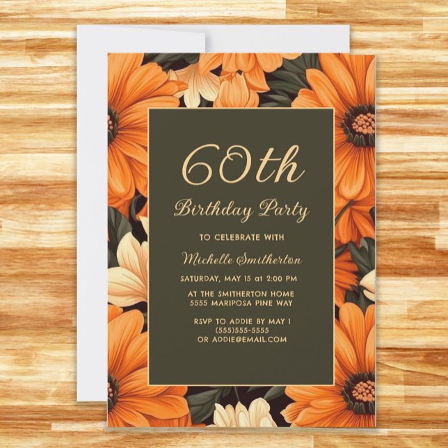 Invitación Cualquier Naranja de la Edad Flores Marrón 60 cump (Orange flowers on brown 60th birthday party invitation)