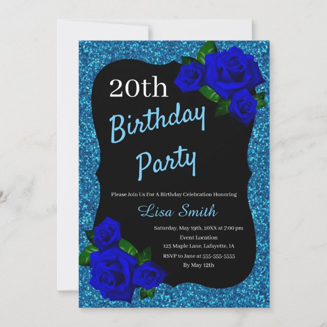 Invitación Cualquier Purpurina azul de cumpleaños Rosas azul  (Anverso)
