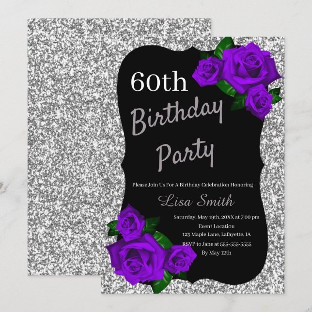 Invitación Cualquier Purpurina de cumpleaños Rosas morados (Anverso / Reverso)