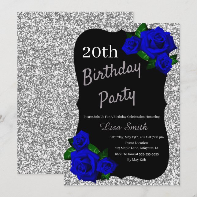 Invitación Cualquier Purpurina de cumpleaños Silver Rosas Dee (Anverso / Reverso)