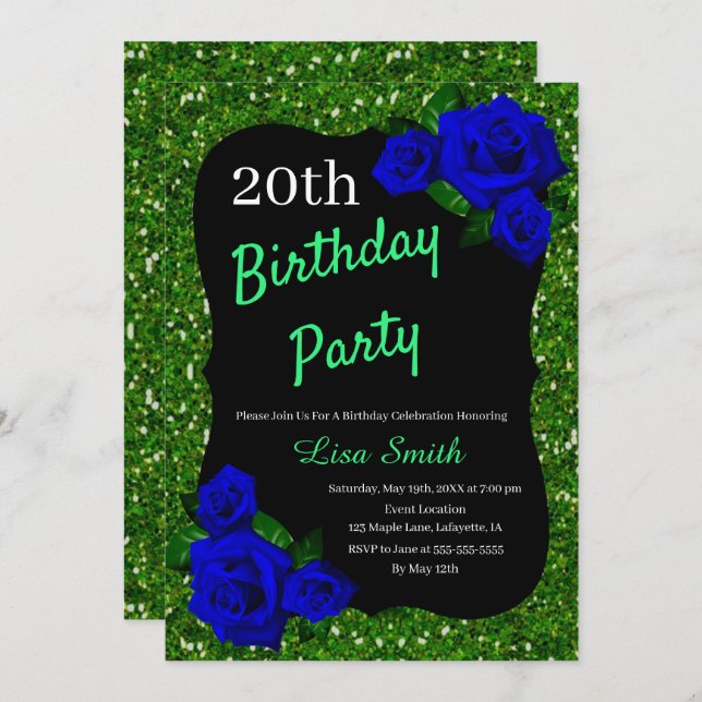 Invitación Cualquier Purpurina verde de cumpleaños Rosas azul (Anverso / Reverso)