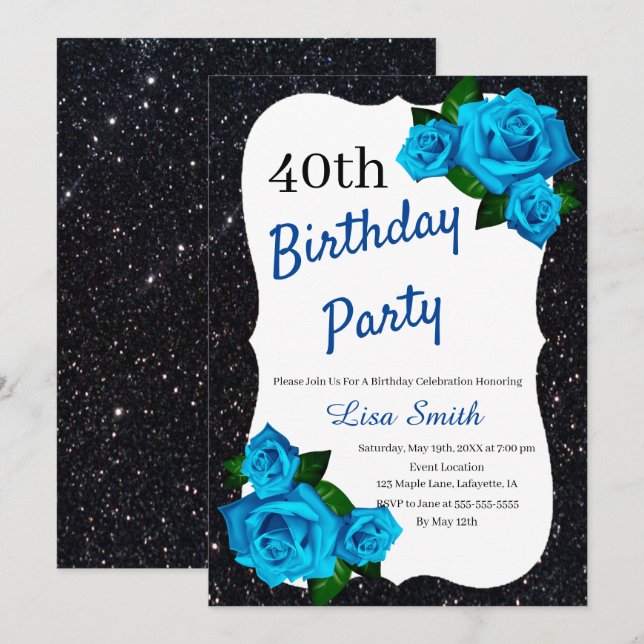 Invitación Cualquier Rosa azul Purpurina negro de cumpleaños (Anverso / Reverso)