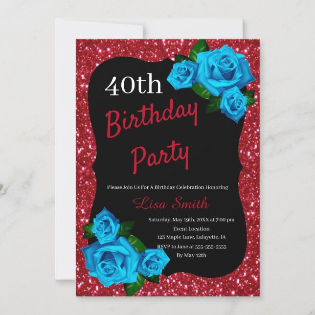 Invitación Cualquier Rosa azul Purpurina rojo de cumpleaños (Anverso)