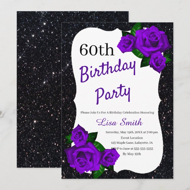 Invitación Cualquier Rosa morado de Purpurina negro de cumple (Anverso / Reverso)