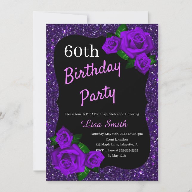 Invitación Cualquier Rosa púrpura Purpurina de cumpleaños de  (Anverso)