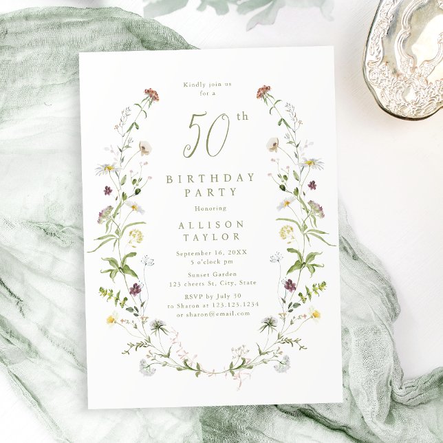 Invitación Cualquier sabio flor silvestre Rustic Boho 50 cump (Any Age Sage Wildflower Rustic Boho 50th Birthday Invitation)