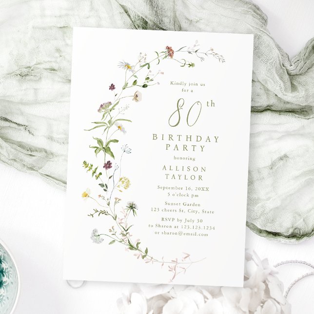 Invitación Cualquier sabio flor silvestre Rustic Boho 80 cump (Any Age Sage Wildflower Rustic Boho 80th Birthday Invitation)