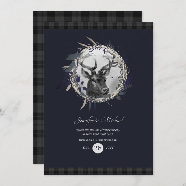 Invitación CUALQUIER - Tartán gris azulado con cie (Anverso / Reverso)