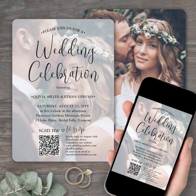 Invitación Cualquier texto de moda guión y foto QR RSVP Boda (Subido por el creador)