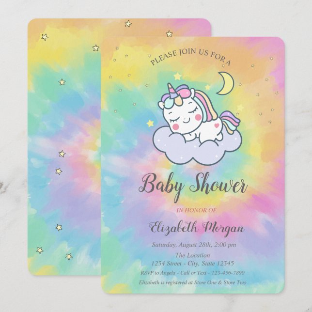 Invitación Cuan Unicornio, Nube, Stars Tie Dye Baby Shower (Anverso / Reverso)