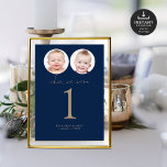 Invitación Cuando éramos fotos de la edad Boda mesa no oro de<br><div class="desc">Cuando Éramos Fotos De Edad Boda Tarjeta De Número De Tabla De Guión Azul De La Marina De Oro. Disponible digitalmente e impreso. Un diseño minimalista con "When we was" en un guión de estilo de escritura a mano y su número de tabla debajo. Personalice fácilmente el número, reemplace las...</div>