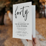 Invitación Cuarenta | 40.º cumpleaños blanco y negro moderno<br><div class="desc">Esta moderna invitación a la fiesta de cumpleaños número 40, en blanco y negro, presenta una elegante tipografía moderna. La palabra "cuarenta" aparece en caligrafía de estilo de escritura. Perfecto para marcar el tono elegante de una maravillosa fiesta de 40 años. El esquema de color de la invitación es fácil...</div>
