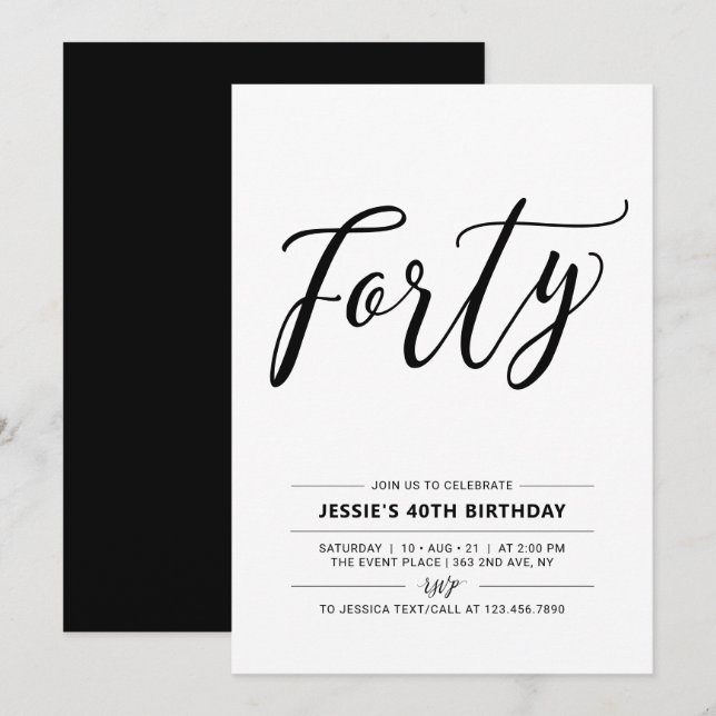 Invitación Cuarenta Blanco y Negro Fiesta de cumpleaños 40 mí (Anverso / Reverso)