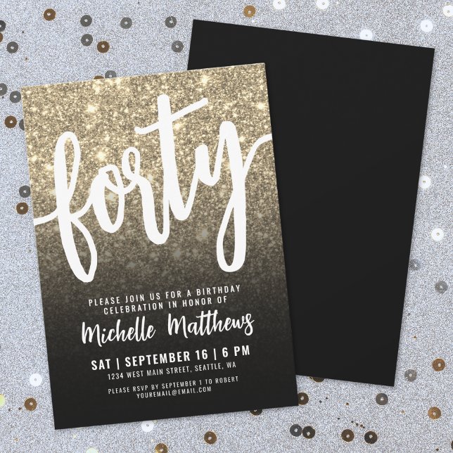 Invitación Cuarenta Cumpleaños 40 de Black Gold (Forty Black Gold 40th Birthday Invitation)