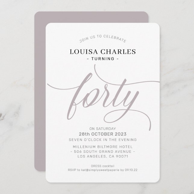 Invitación CUARENTA elegante guión de moda de cumpleaños hong (Anverso / Reverso)