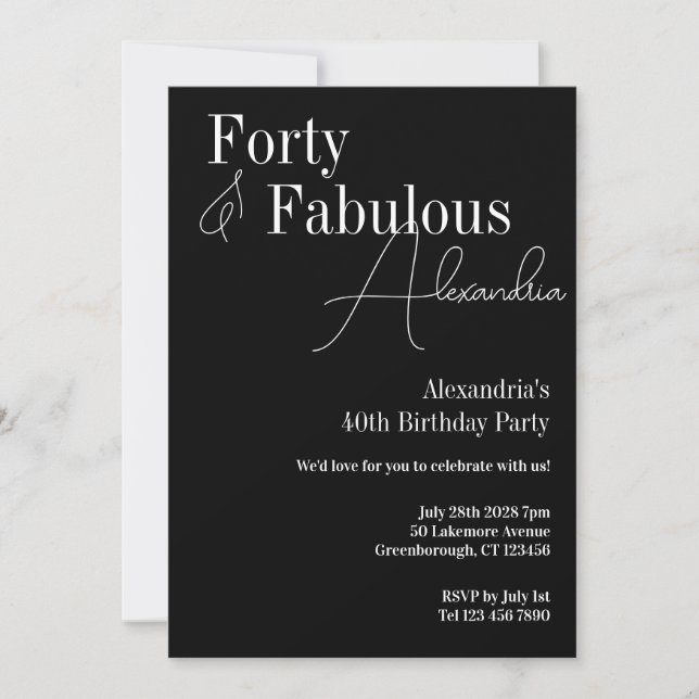 Invitación Cuarenta fabulosa fiesta de cumpleaños blanco y ne (Anverso)