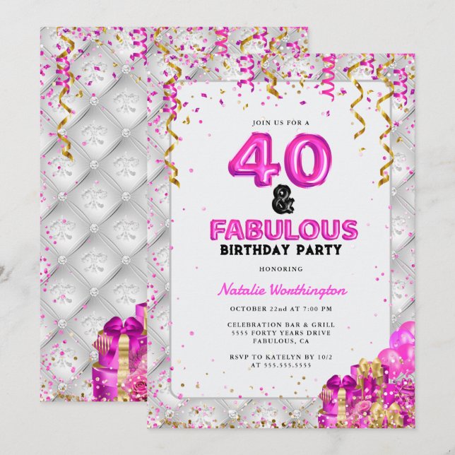 Invitación Cuarenta fabulosos Gold Pink 40 cumpleaños (Anverso / Reverso)