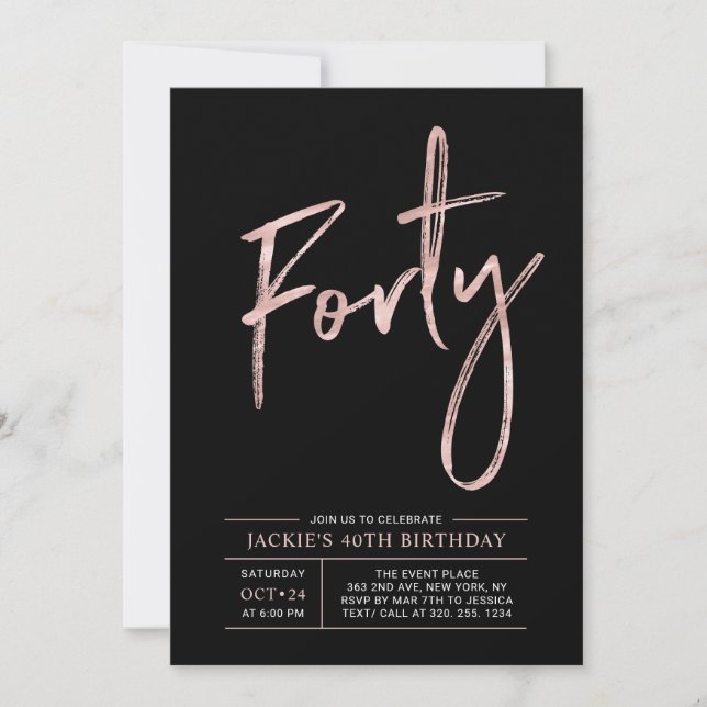 Invitación Cuarenta | Fiesta de cumpleaños moderna con Rosa D (Anverso)