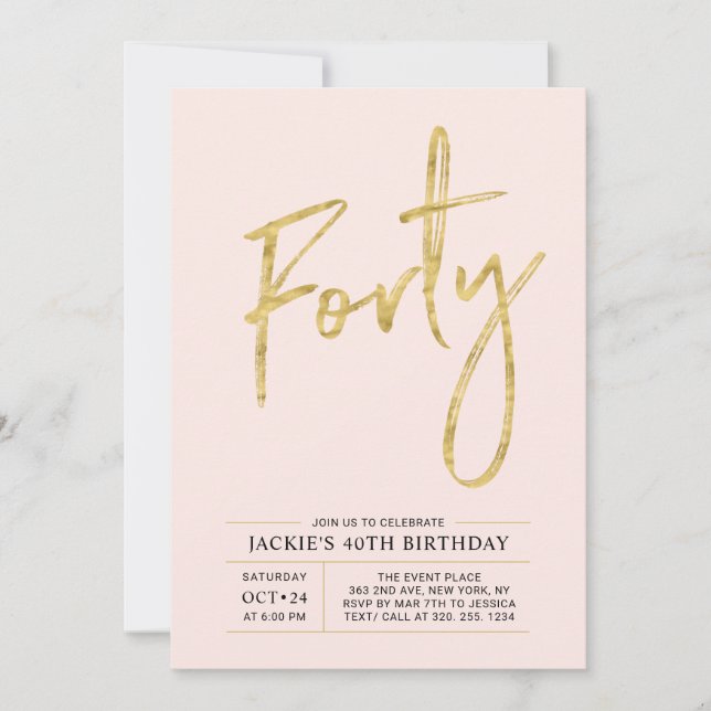 Invitación Cuarenta | Fiesta de cumpleaños moderna dorada y r (Anverso)