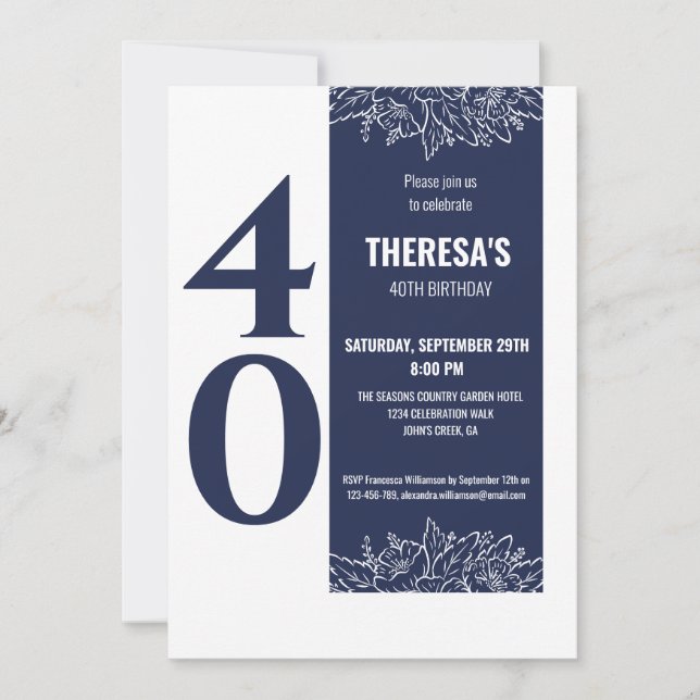 Invitación Cuarenta Fiesta de Floral 40 cumpleaños (Anverso)