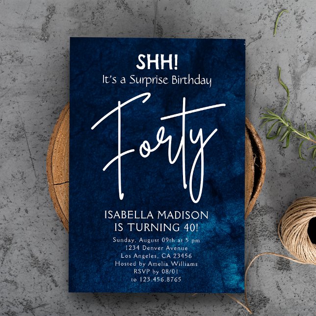 Invitación Cuarenta | Fiesta de sorpresa por cumpleaños 40 Na (Forty | Navy Blue 40th Birthday Surprise Party Invitation
)