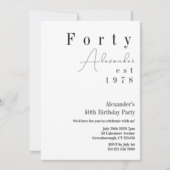 Invitación Cuarenta Fiestas Mínimos 40 de Cumpleaños (Anverso)