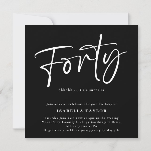 Invitación Cuarenta Modas Blanco Negro mínimo 40 cumpleaños (Anverso)