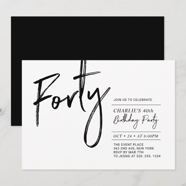 Invitación Cuarenta | Moderno blanco y negro 40 Fiesta de cum (Anverso / Reverso)