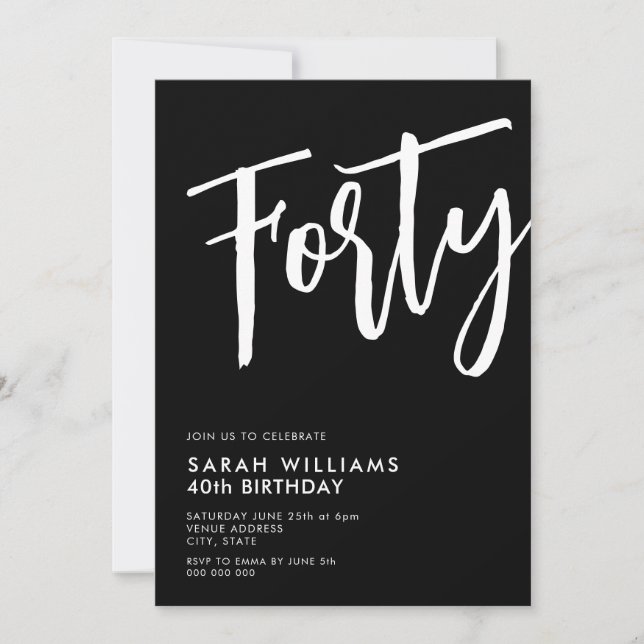 Invitación Cuarenta modernos blancos y negros 40 cumpleaños (Anverso)