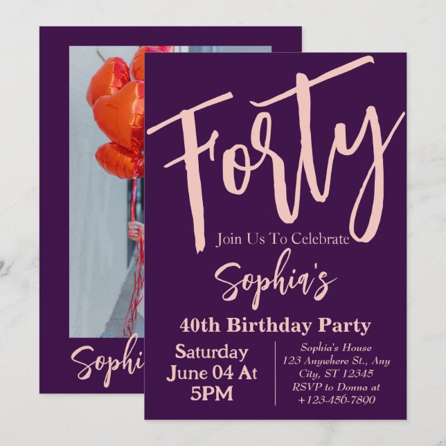 Invitación Cuarenta Pink Morple Moderno 40 Fiesta de cumpleañ (Anverso / Reverso)
