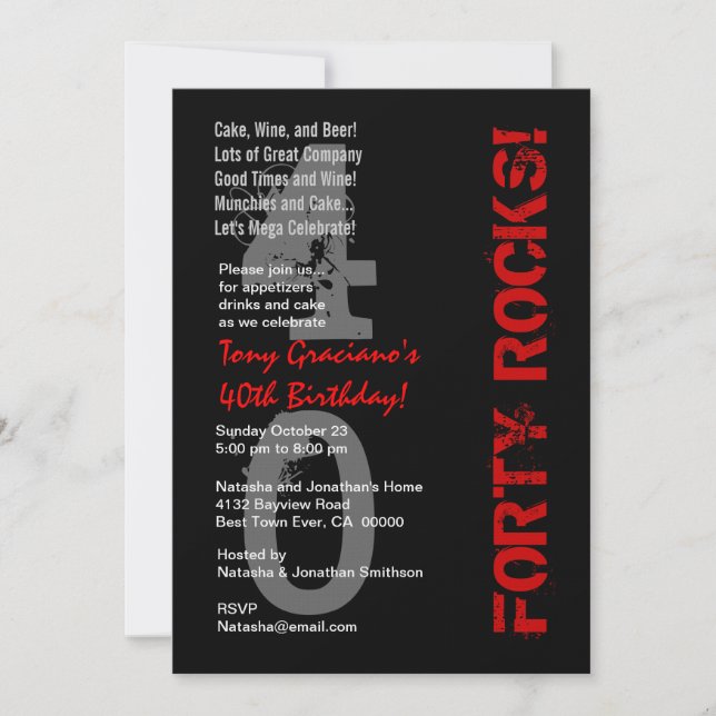 Invitación ¡Cuarenta rocas! Lino rojo blanco negro del (Anverso)