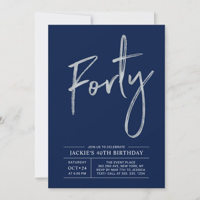 Invitación Cuarenta | Silver & Navy Modern 40th Birthday Fies (Anverso)