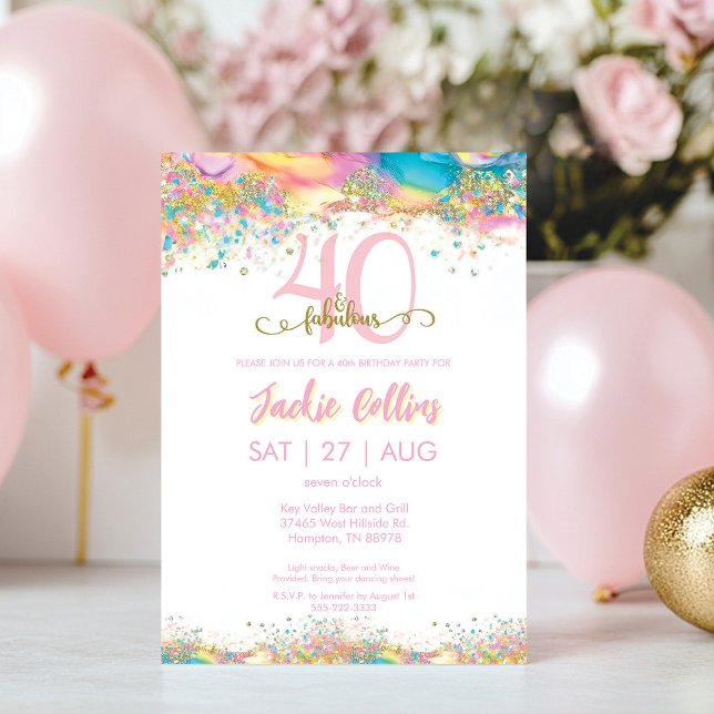 Invitación Cuarenta y fabulosa fiesta de cumpleaños (Forty and Fabulous Rainbow and Gold 40th Birthday Invitation)