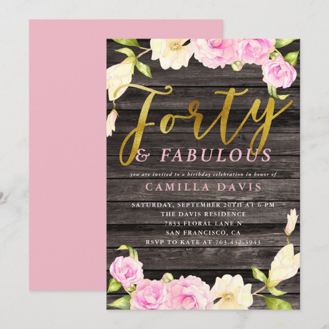 Invitación Cuarenta y fabulosa fiesta de cumpleaños con flore (Anverso / Reverso)