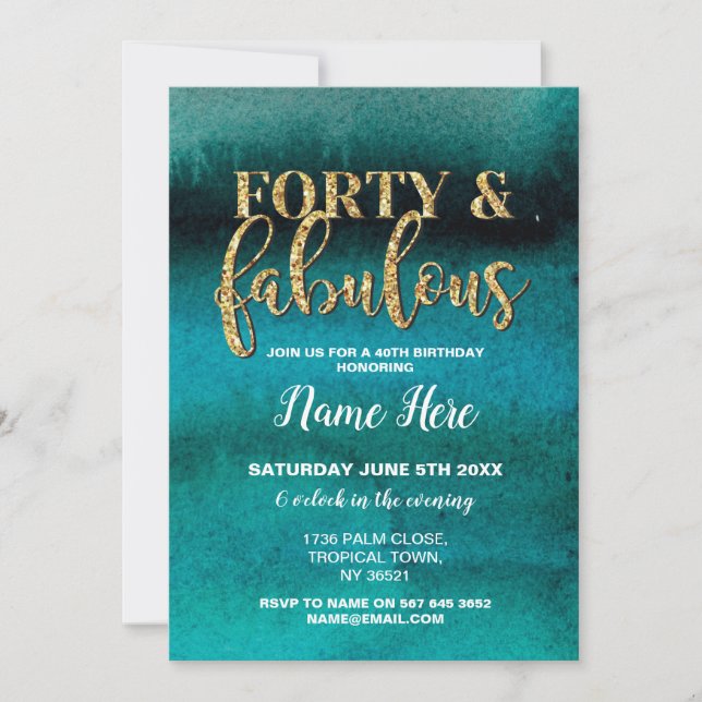 Invitación Cuarenta y fabulosa fiesta de cumpleaños Verde azu (Anverso)