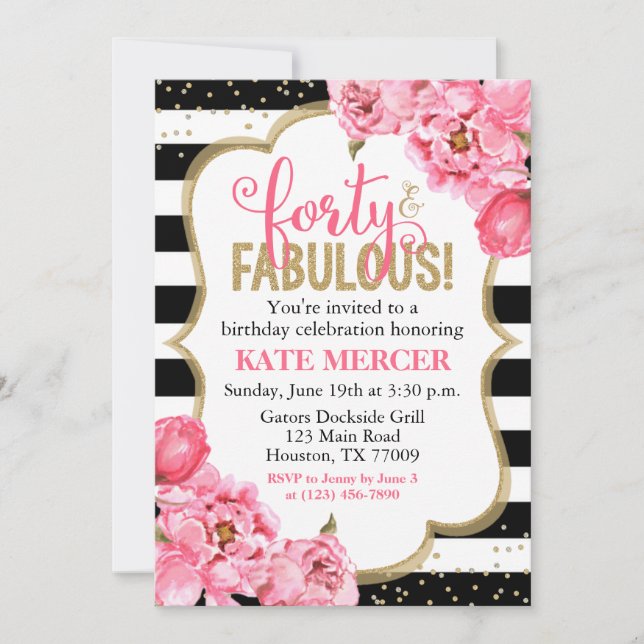 Invitación Cuarenta y fabulosa Floral de oro rosa 40 cumpleañ (Anverso)