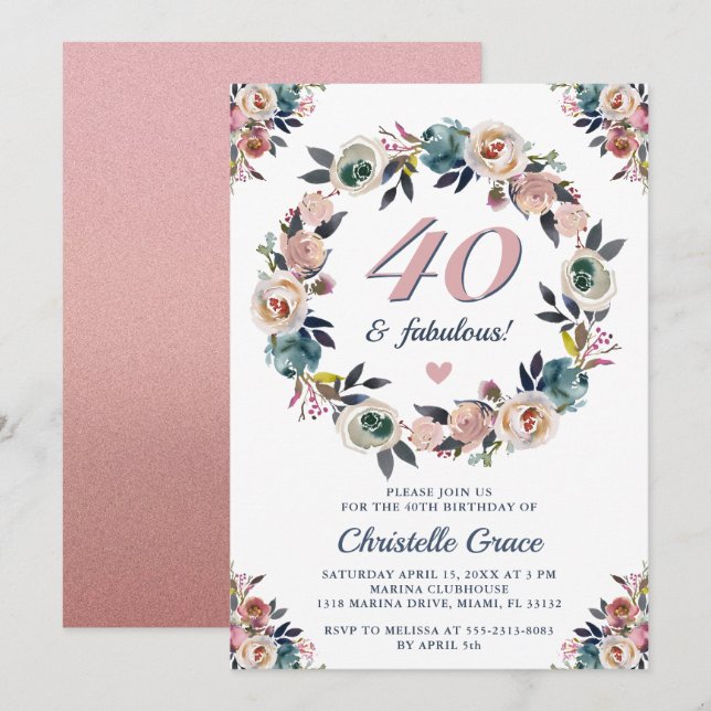 Invitación Cuarenta y fabuloso cumpleaños número 40 (Anverso / Reverso)
