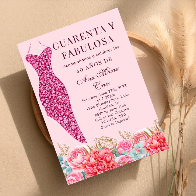 Invitación Cuarenta y Fabuloso Floral Rosa Cumpleaños Español (Subido por el creador)