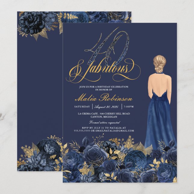 Invitación Cuarenta y fabuloso Sapphire Blue & Gold Cumpleaño (Anverso / Reverso)